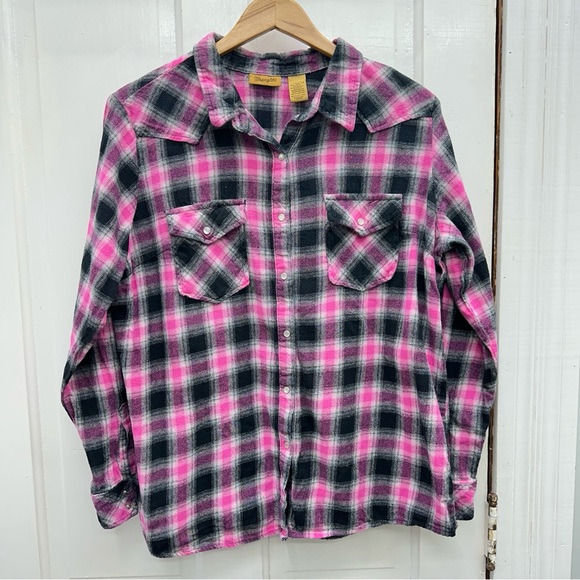 Wrangler western wear pearl snap button long sleeve flannel shirt women's xl - Picture 2 of 6